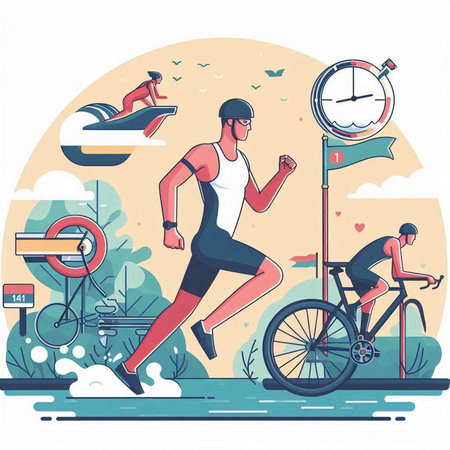 Vector illustration of a man running in the park on a bicycle.のイラスト素材
