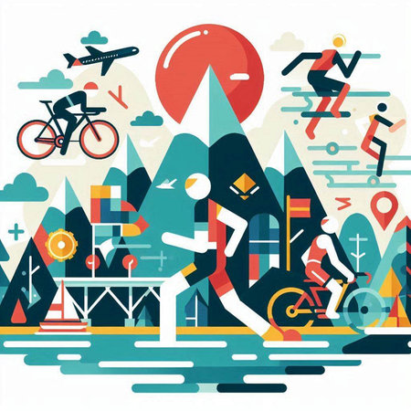 Vector illustration of a cyclist in the mountains. Flat style design.のイラスト素材