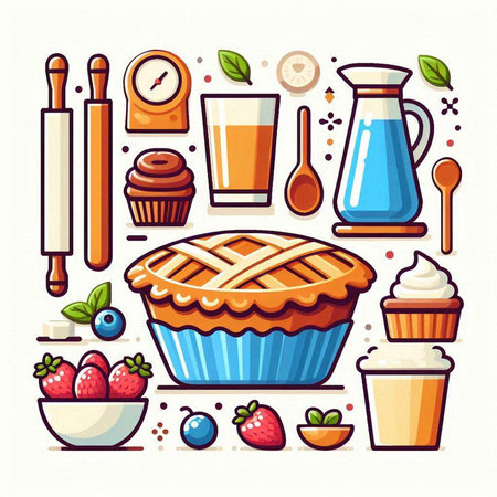 Vector illustration of a set of bakery products and desserts. Pie, muffin, cake, cupcake, biscuit, muffin, cupcake, meringue.のイラスト素材