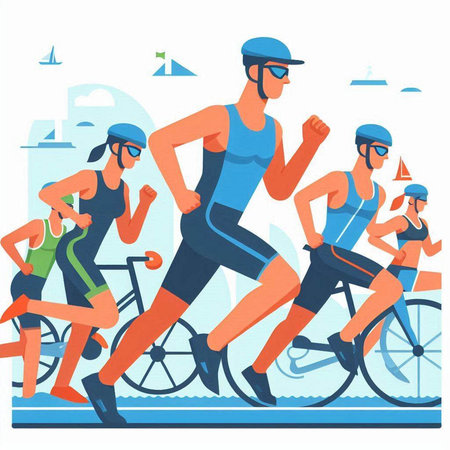 Cyclists and cyclists running on city road. Healthy lifestyle concept. Vector illustrationのイラスト素材