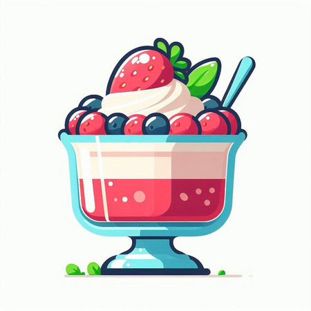 Fruit yogurt in a glass bowl with berries. Vector illustration.のイラスト素材