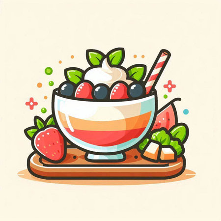 Strawberry yogurt in bowl with whipped cream. Vector illustration.のイラスト素材
