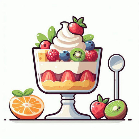 Fruit dessert with whipped cream and fresh berries. Vector illustration.のイラスト素材