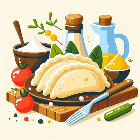 Cooking dumplings on a wooden board. Vector illustration.のイラスト素材
