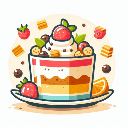 Vector illustration of cake with cream and berries in a glass bowl.のイラスト素材