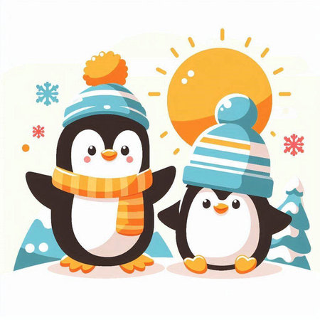 Cute penguins in winter hats and scarves. Vector illustration.のイラスト素材