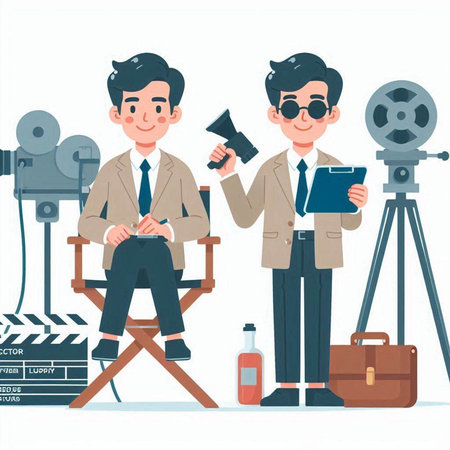 Cinema director and cameraman with camera. Vector illustration.のイラスト素材