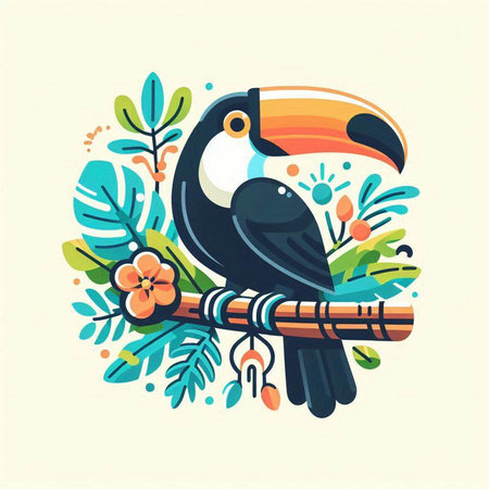 Toucan bird with floral ornament. Vector illustration in flat style.のイラスト素材