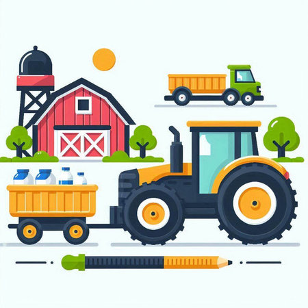 Agricultural and farming flat vector illustration. Cartoon tractor, tractor, trailer and milling machine.のイラスト素材