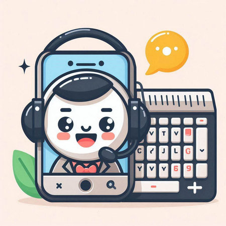 Cute cartoon call center operator with headset and calculator. Vector illustration.のイラスト素材