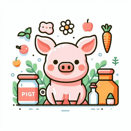 Vector illustration of a cute pig with food in a flat style.のイラスト素材