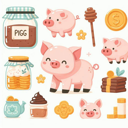 Set of pig icons. Piggy bank, jar with coins, honey, jar with coins.のイラスト素材
