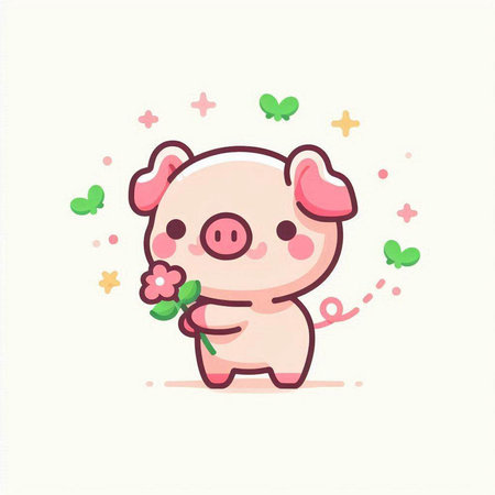 Cute pig with flowers. Vector illustration in flat cartoon style.のイラスト素材