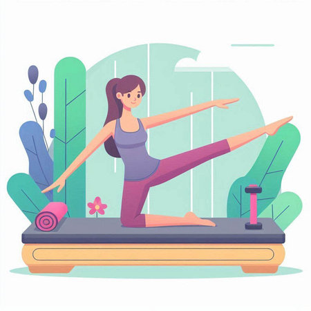 Woman practicing yoga in the gym. Vector illustration in flat style.のイラスト素材