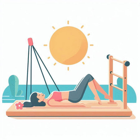 Young woman doing yoga on the beach. Flat style vector illustration.のイラスト素材