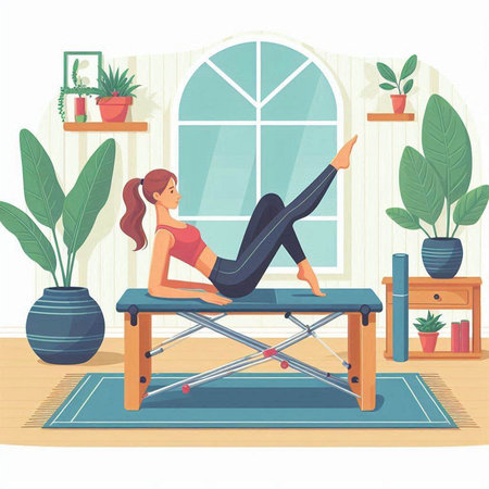 Young woman doing yoga exercise at home. Healthy lifestyle. Vector illustrationのイラスト素材