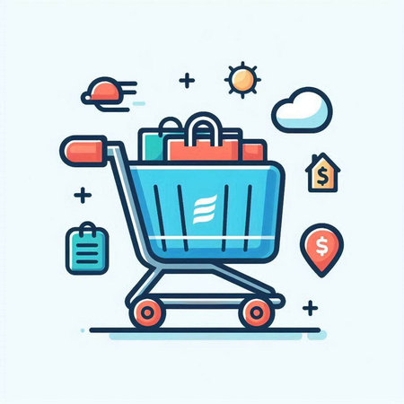 Shopping cart with bags and icons. Online shopping concept. Vector illustrationのイラスト素材