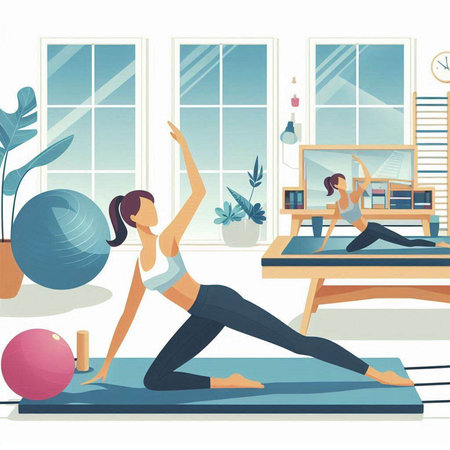 Vector illustration of a woman doing yoga at home in front of the windowのイラスト素材