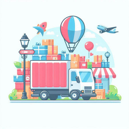 Delivery service, logistics and transportation of goods. Flat vector illustration.のイラスト素材