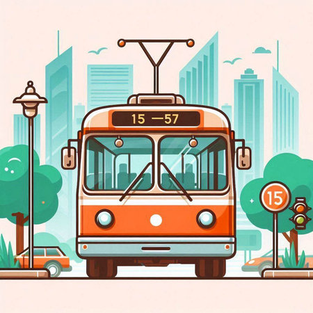 Tram on the city street. Vector illustration in flat style.のイラスト素材