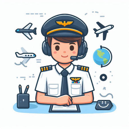 Pilot boy in uniform and airplane on background. Vector illustration.のイラスト素材