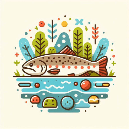 Vector illustration of a trout in the sea. Colorful flat style.のイラスト素材