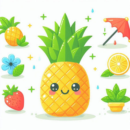 Cute pineapple character with summer fruits and flowers. Vector illustration.のイラスト素材