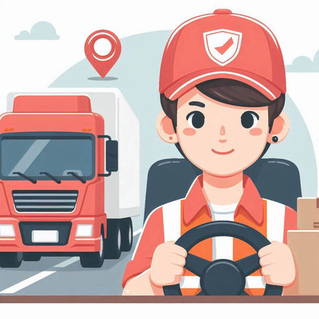 Courier holding a steering wheel in front of a truck on the road vector illustrationのイラスト素材