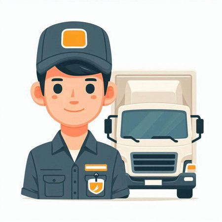 Courier man in uniform and cap standing near truck. Vector illustration.のイラスト素材