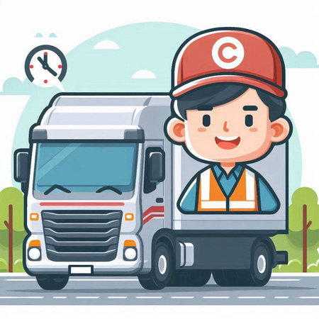 Courier and delivery truck. Vector illustration in cartoon style.のイラスト素材