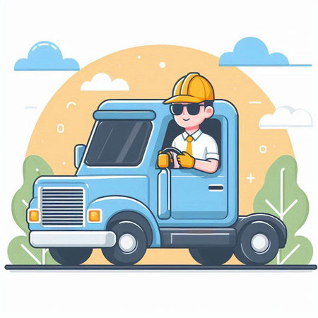 Worker in uniform and helmet driving a truck. Vector illustration.のイラスト素材