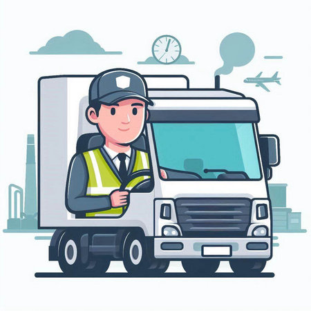 Courier in uniform and helmet driving a truck. Vector illustrationのイラスト素材