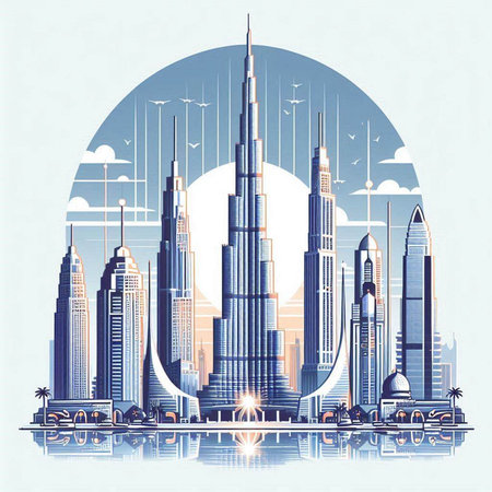 Dubai skyline in vintage style. Vector illustration. Dubai, United Arab Emirates.のイラスト素材