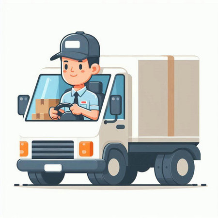 Delivery man in uniform driving a truck. Vector illustration isolated on white background.のイラスト素材