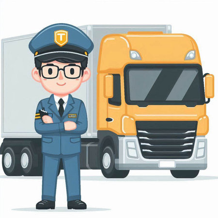 Policeman standing next to truck. Vector illustration in a flat style.のイラスト素材