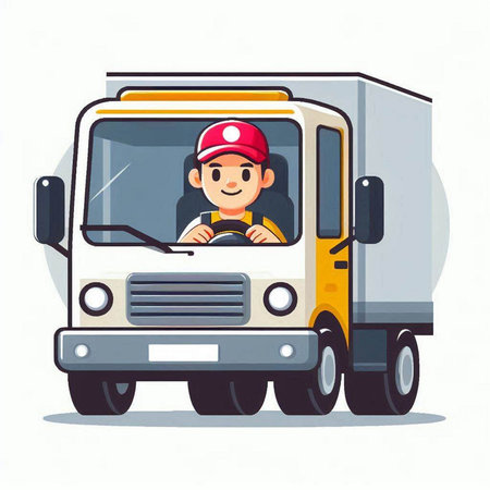 Courier driving a truck. Vector illustration in cartoon style.のイラスト素材