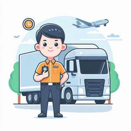 Delivery man with mobile phone and truck. Vector illustration in cartoon styleのイラスト素材