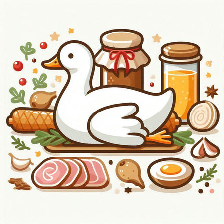 Illustration of a goose surrounded by food on a white background.のイラスト素材