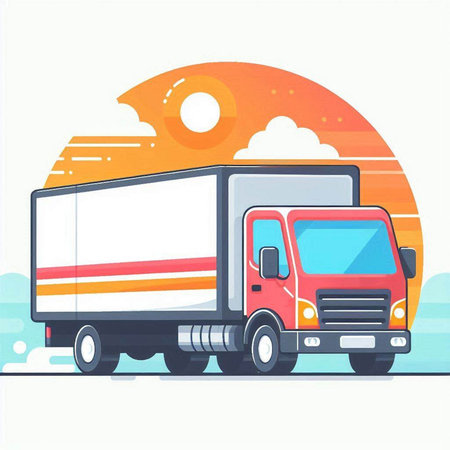 Vector illustration of a truck on the background of the setting sun.のイラスト素材