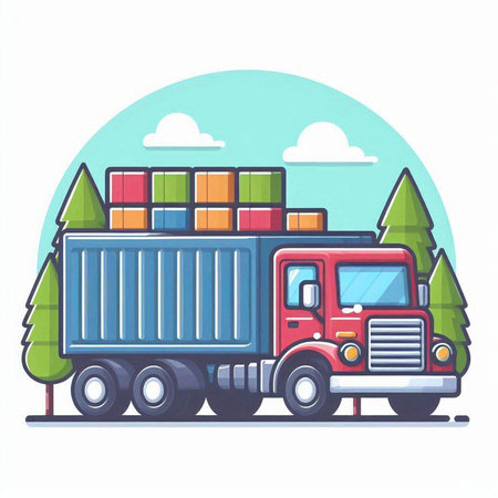 Truck with cargo container on the road. Vector illustration in cartoon style.のイラスト素材