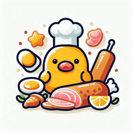 Cute chef chicken character with ingredients for cooking, vector illustration.のイラスト素材