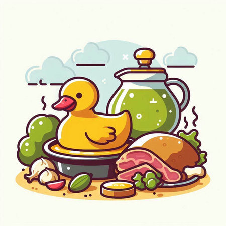 Illustration of a duck in a bowl with food, vector illustrationのイラスト素材