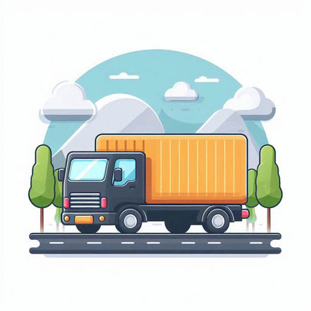 Truck with cargo on the road. Vector illustration in flat styleのイラスト素材
