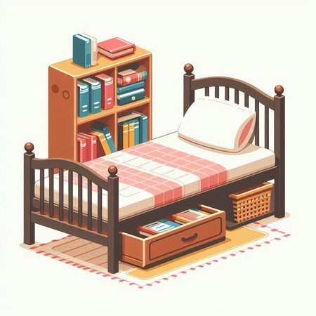 Vector illustration of a children's bedroom with a bed and books.のイラスト素材