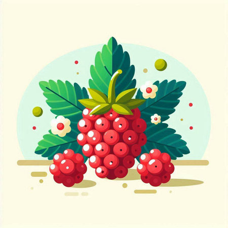 Raspberry vector illustration. Ripe berry with leaves and flowers.のイラスト素材