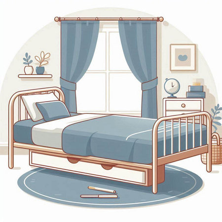 Vector illustration of a bedroom with a bed, a window and curtainsのイラスト素材