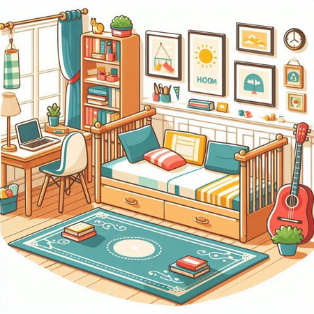 Vector illustration of a childrens bedroom with a bed, a lamp and a guitarのイラスト素材