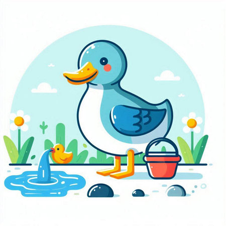 Duck and duckling in the pond. Vector flat illustration.のイラスト素材