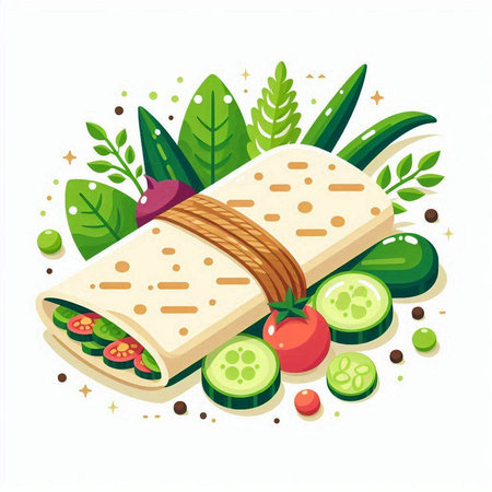 Mexican tortilla wraps with vegetables and spices. Vector illustration.のイラスト素材