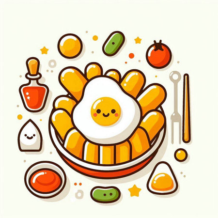Korean food vector illustration. Fried egg in a bowl with vegetables.のイラスト素材